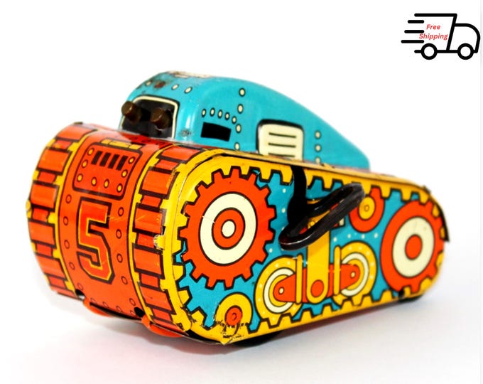 Vintage 1950s Marx Toys Tin Windup Turn Over Tank 5 - Collectible Military Clockwork Vehicle