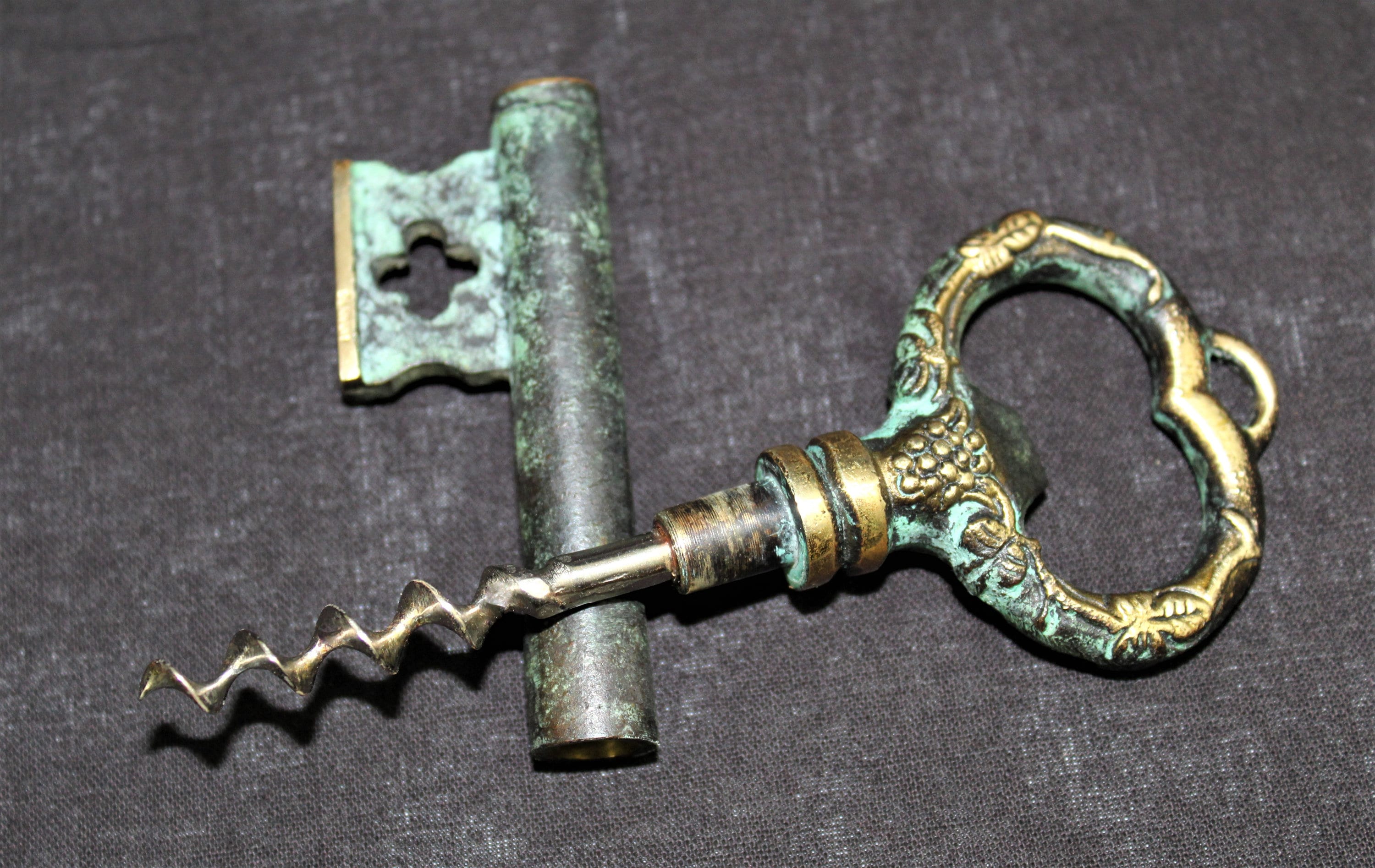 German Barware, Brass Key Bottle Opener with Hidden Corkscrew, Wine
