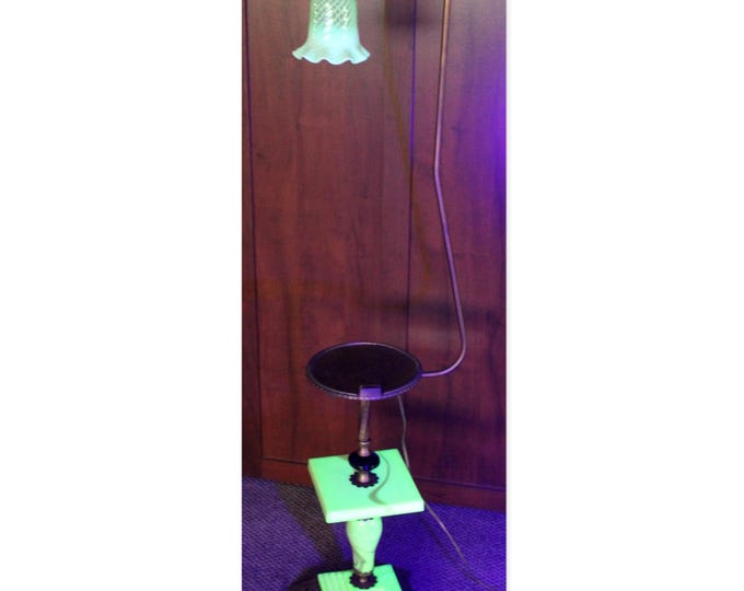 Vintage Art Deco Uranium Glass Floor Lamp: Dual-Purpose Chairside Lighting & Smoking Stand