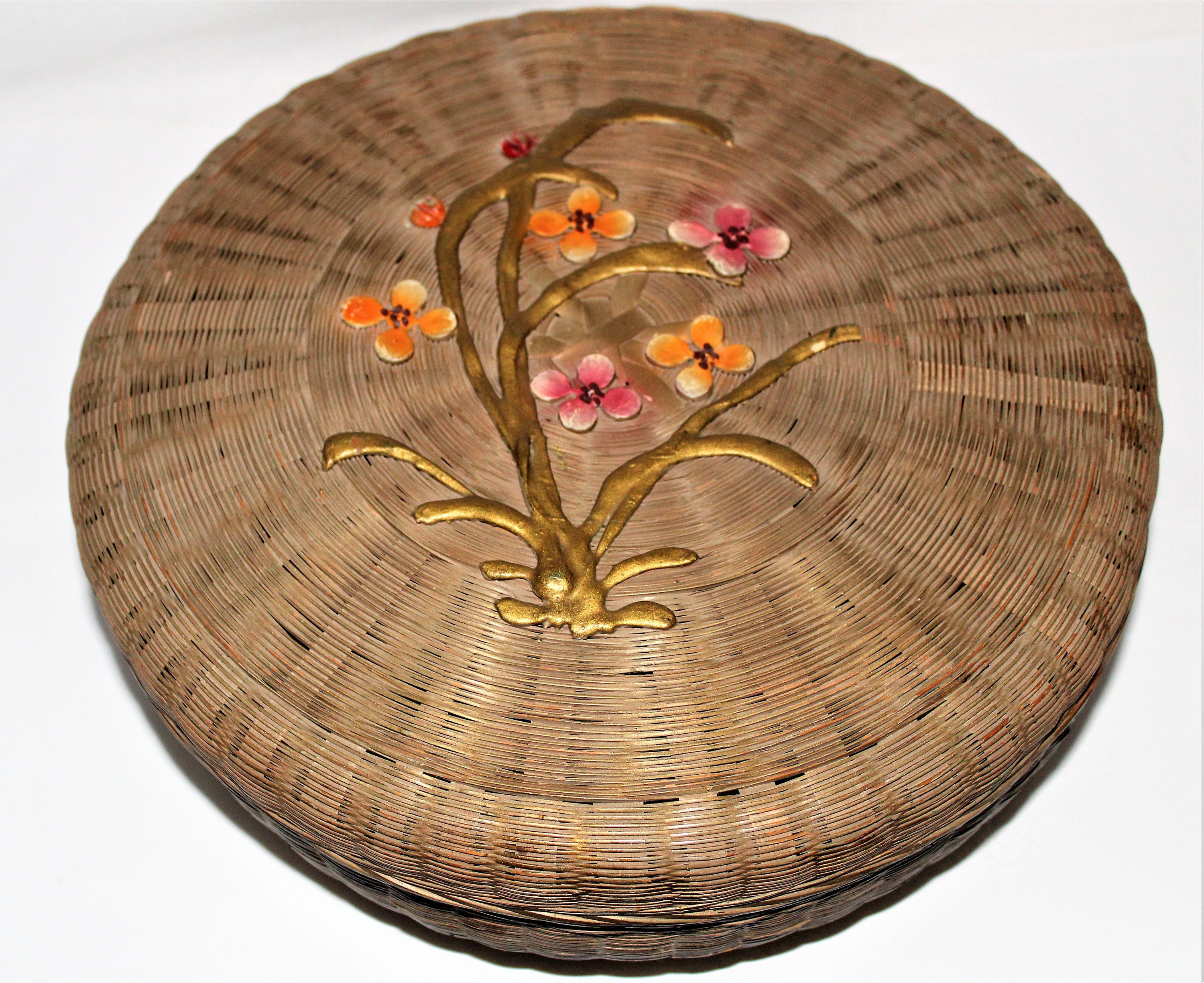 Rare 1920s Chinese Tea or Sewing Basket with Gesso / Barbola Work on Lid