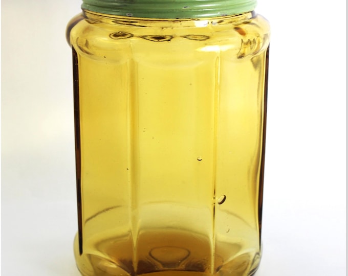 Antique Amber Glass Octagon Shape Hoosier Cabinet Jar with Lid