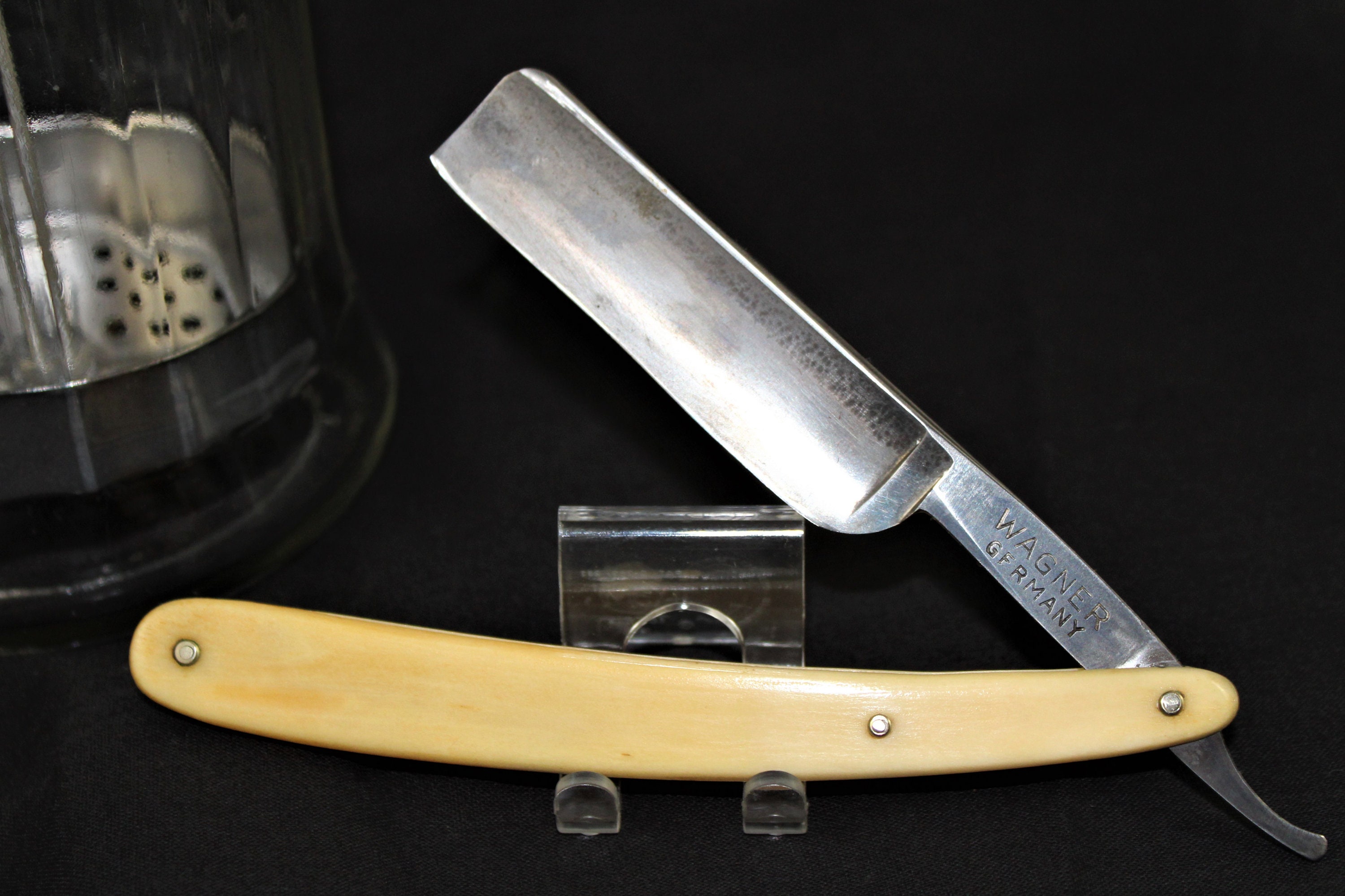 Trio of barber items, Glass Barbicide Jar, Wagner Straight Razor, David ...