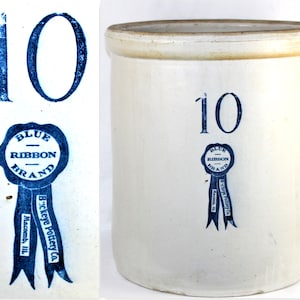 Antique Blue Ribbon Brand, 10 Gallon Crock, Buckeye Pottery Company of Macomb Illinois