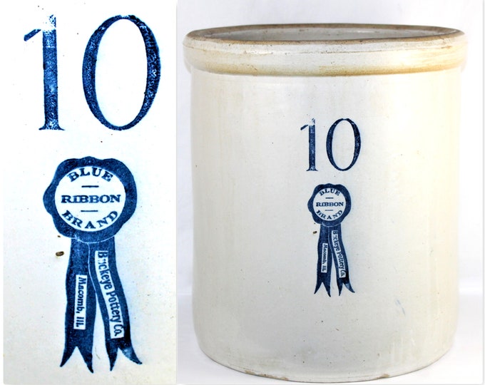 Antique Blue Ribbon Brand, 10 Gallon Crock, Buckeye Pottery Company of Macomb Illinois