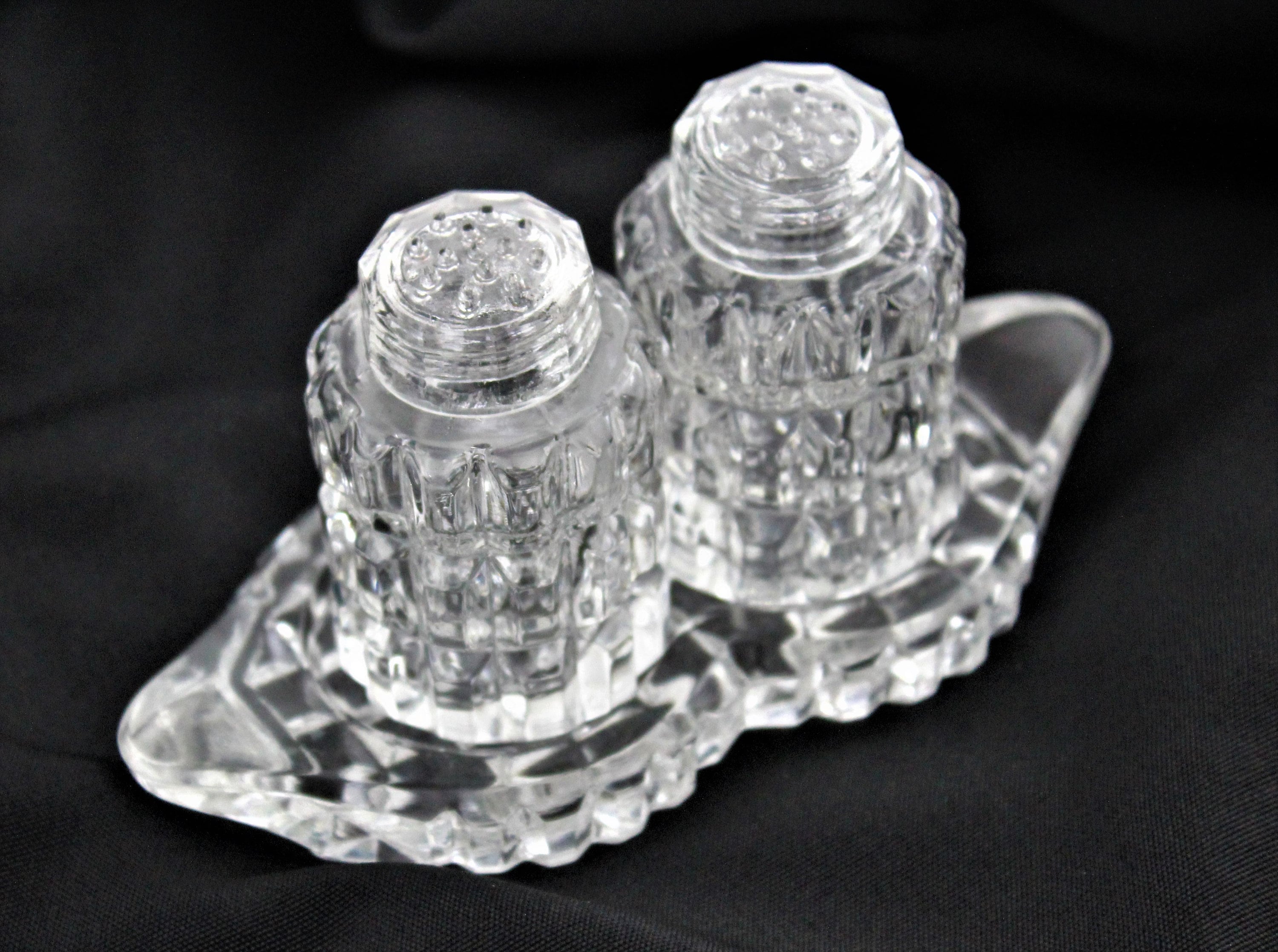 Elegant Glass Salt and Pepper Shakers, Matching Glass Tray, 1960s