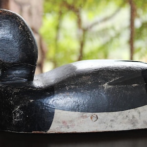 May include: A black and white wooden duck decoy with a white stripe across the chest. The decoy has a black eye and a realistic shape.