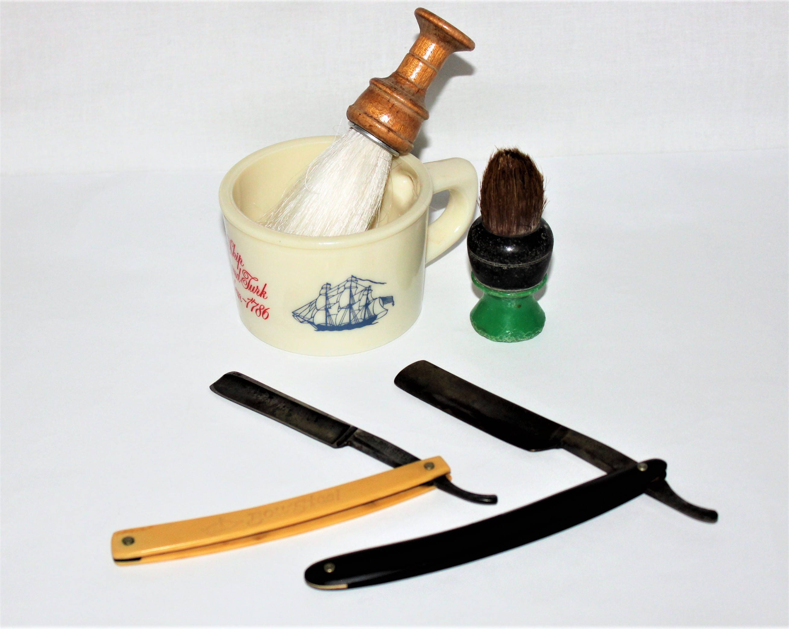Vintage Set of Shaving Tools, Straight Razors, Shaving Mug and Brushes