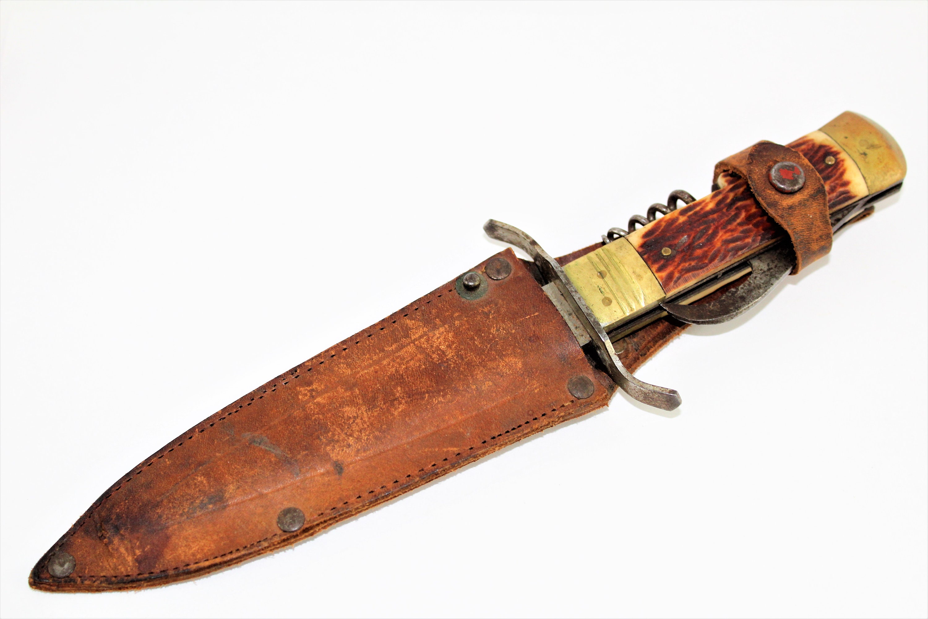 Vintage Fixed Blade Knife with Corkscrew and Bottle opener in Leather
