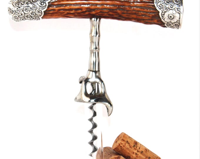 Antique Sterling Silver Stag Horn Handle Corkscrew, Wine Bottle Opener