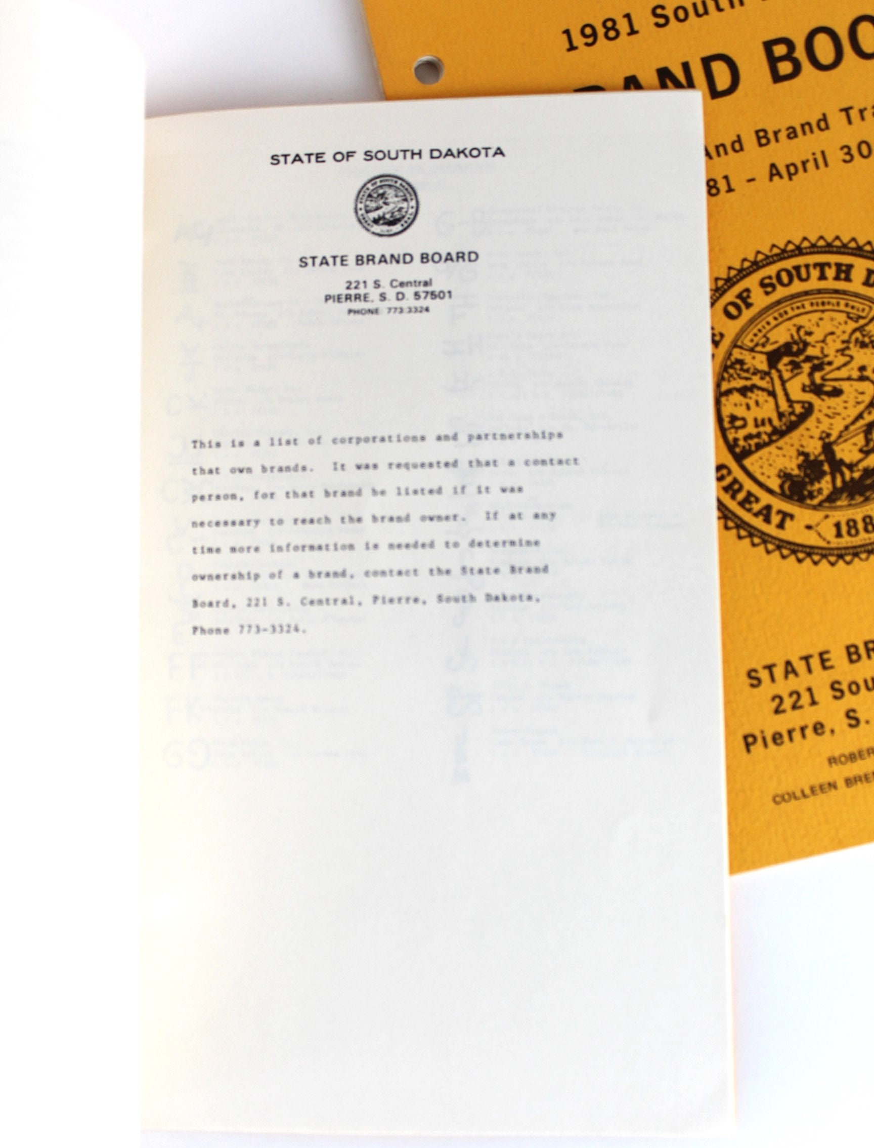 1981 South Dakota Brand Book Supplement 1 and 1A, Livestock Brand Book