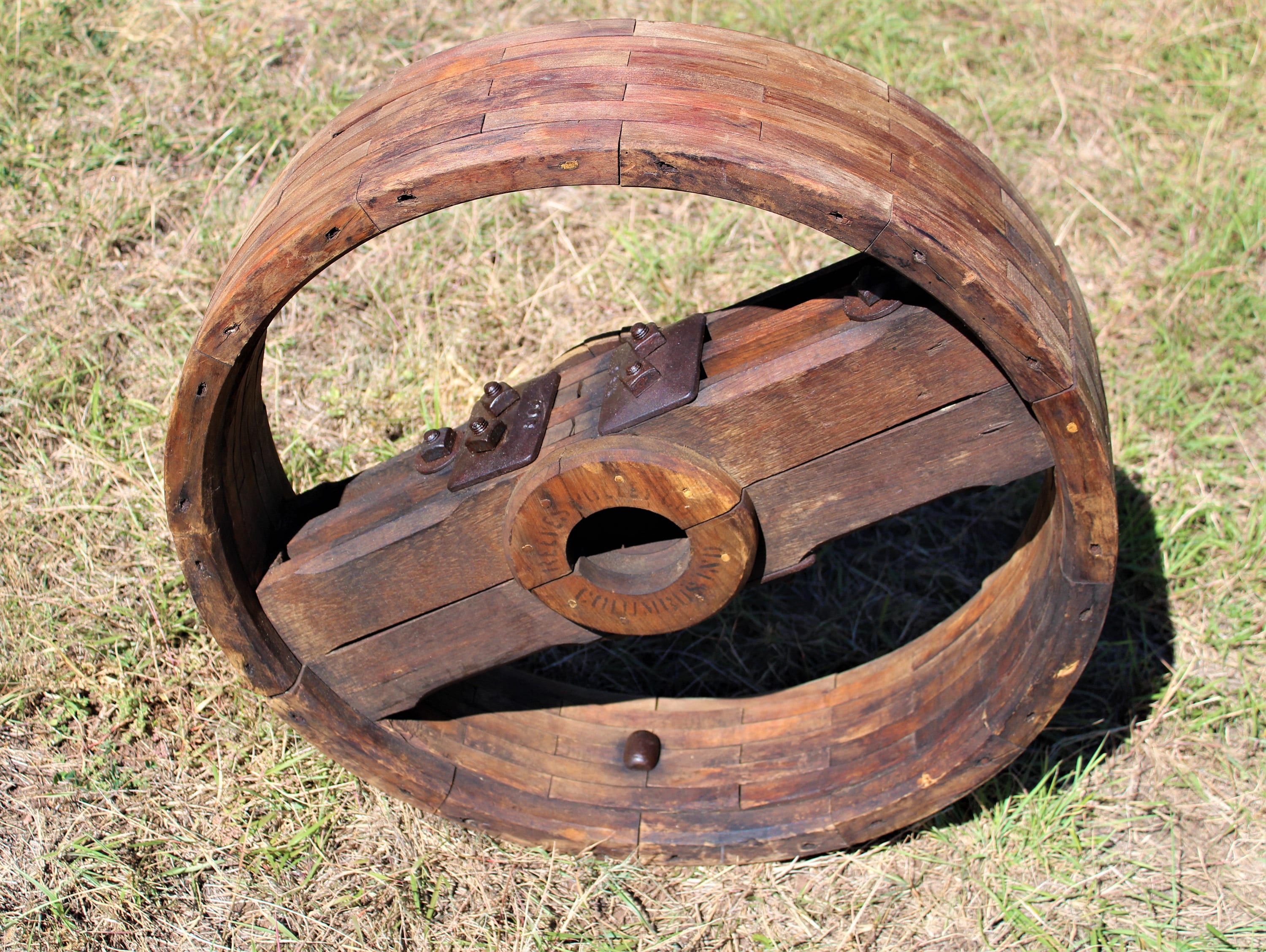 Antique 26” Reeves Wood Split Pulley Wheel, Flat Belt Pulley