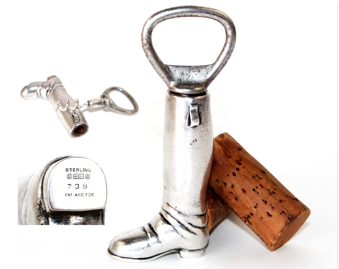 1920s Sterling Silver Riding Boot Opener with Hidden Corkscrew, Wine Bottle Opener, Blackinton Silver