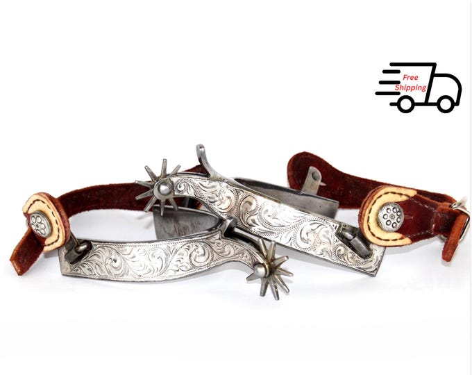Western Cowboy Spurs with Double Mounted Silver Overlay, Vintage Americana Memorabilia Antique Rodeo