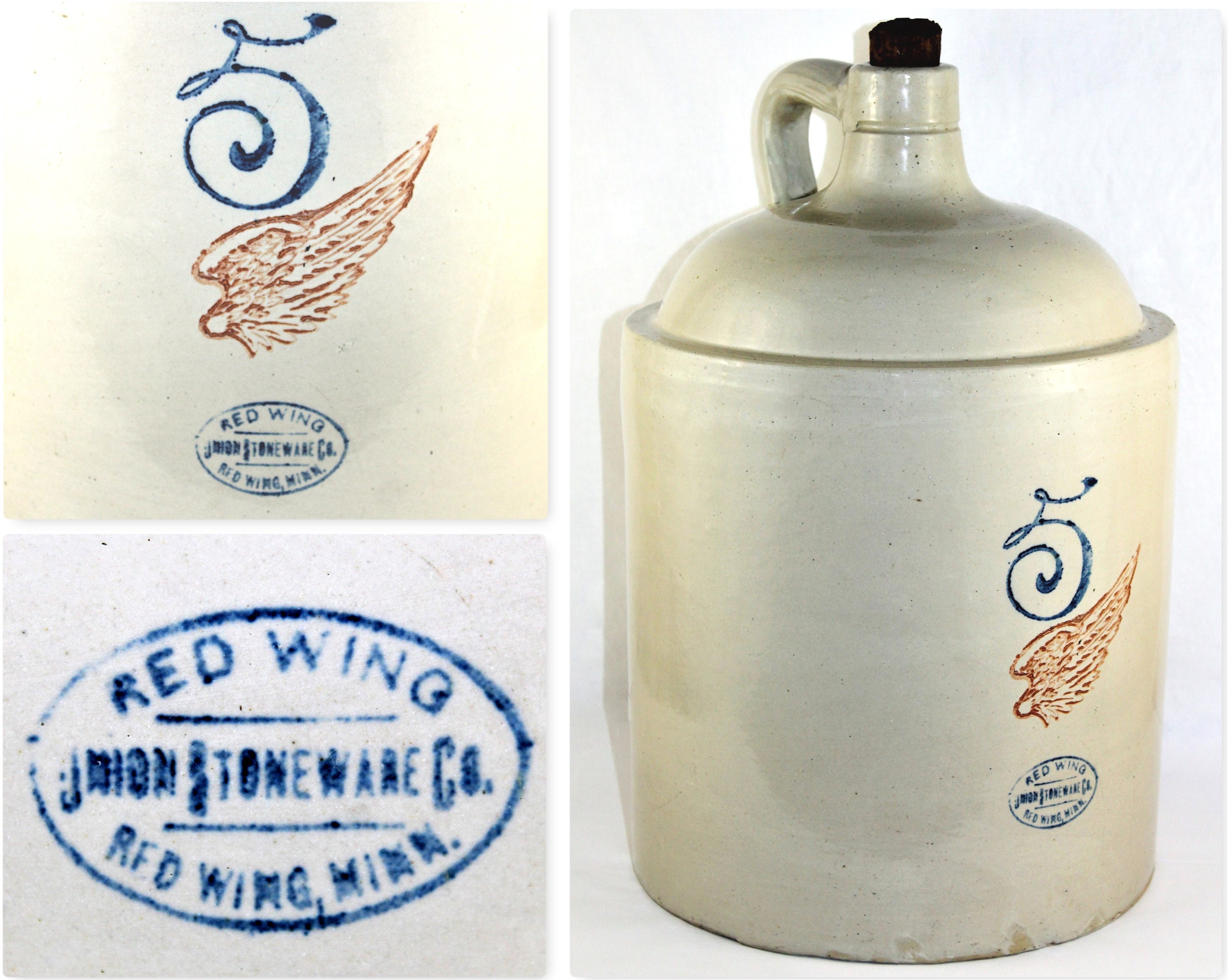 RARE 1930 Red Wing Union Stoneware Company Five Gallon Jug with 4-inch