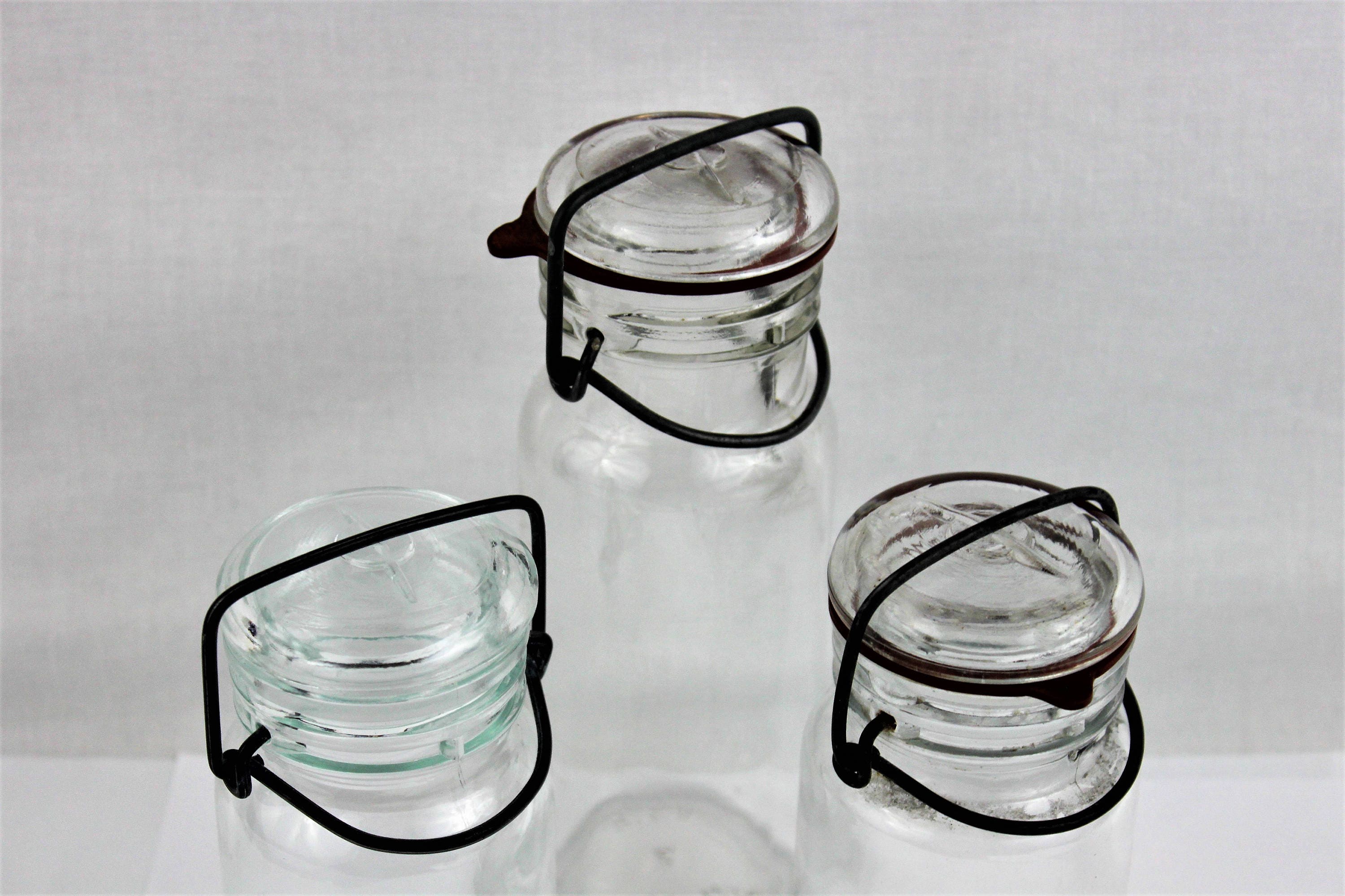 Vintage Clear Glass Storage Bottles with Glass Lids and Wire Bails Wheaton & Kimble, Canister jars