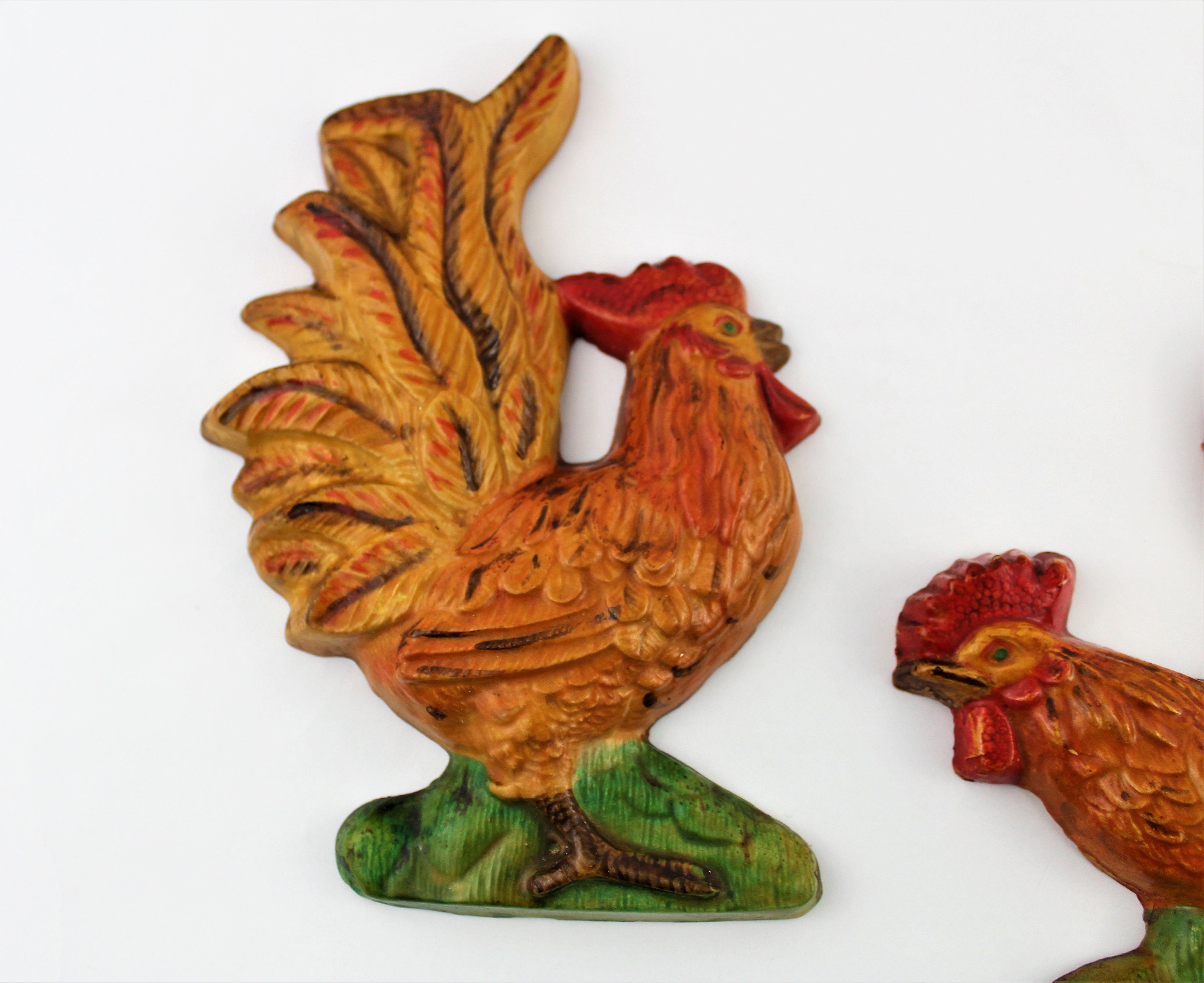 Vintage Chalkware Roosters Chicken Wall Hangings Farmhouse