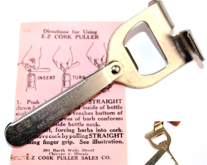 Vintage 1940s E-Z Cork Puller, Wine Bottle Opener