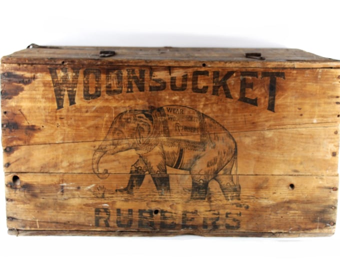 Rare 1880s Woonsocket Rubber Co. Wooden Shipping Crate - Vintage Industrial Storage Box