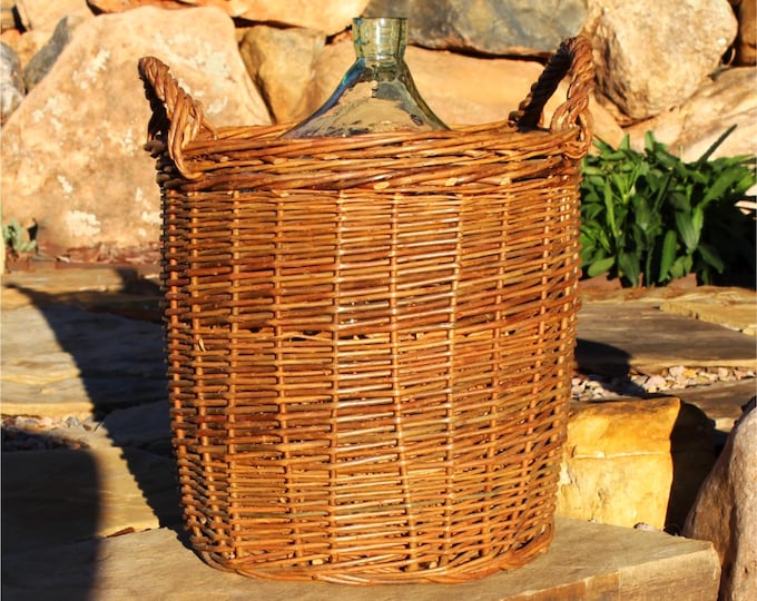 Vintage Tuscan Demijohn: Light Green Glass Bottle in Handwoven Grapevine Basket - European Decor