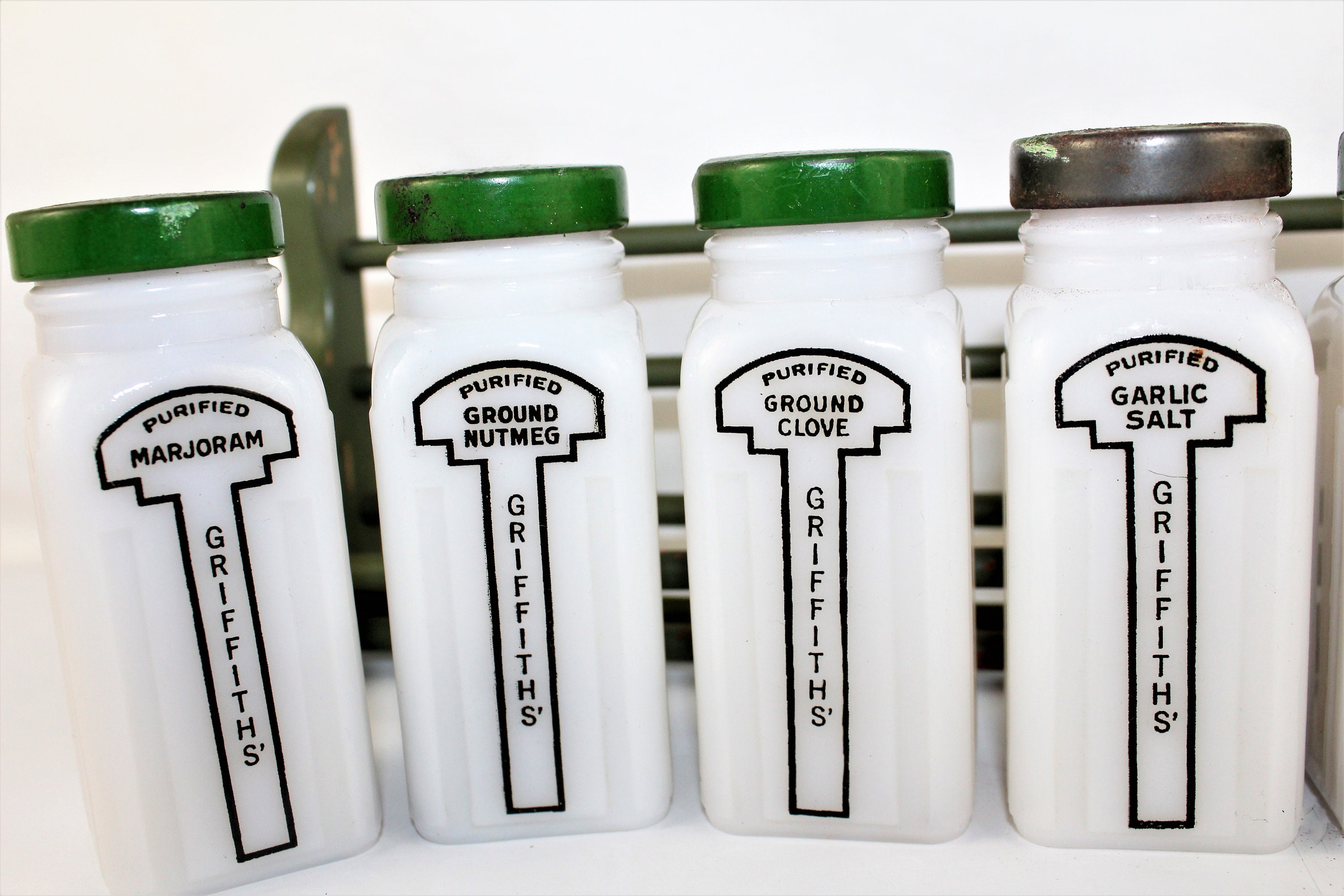 Vintage Griffith’s Milk Glass Spice Jars in Rack- 9