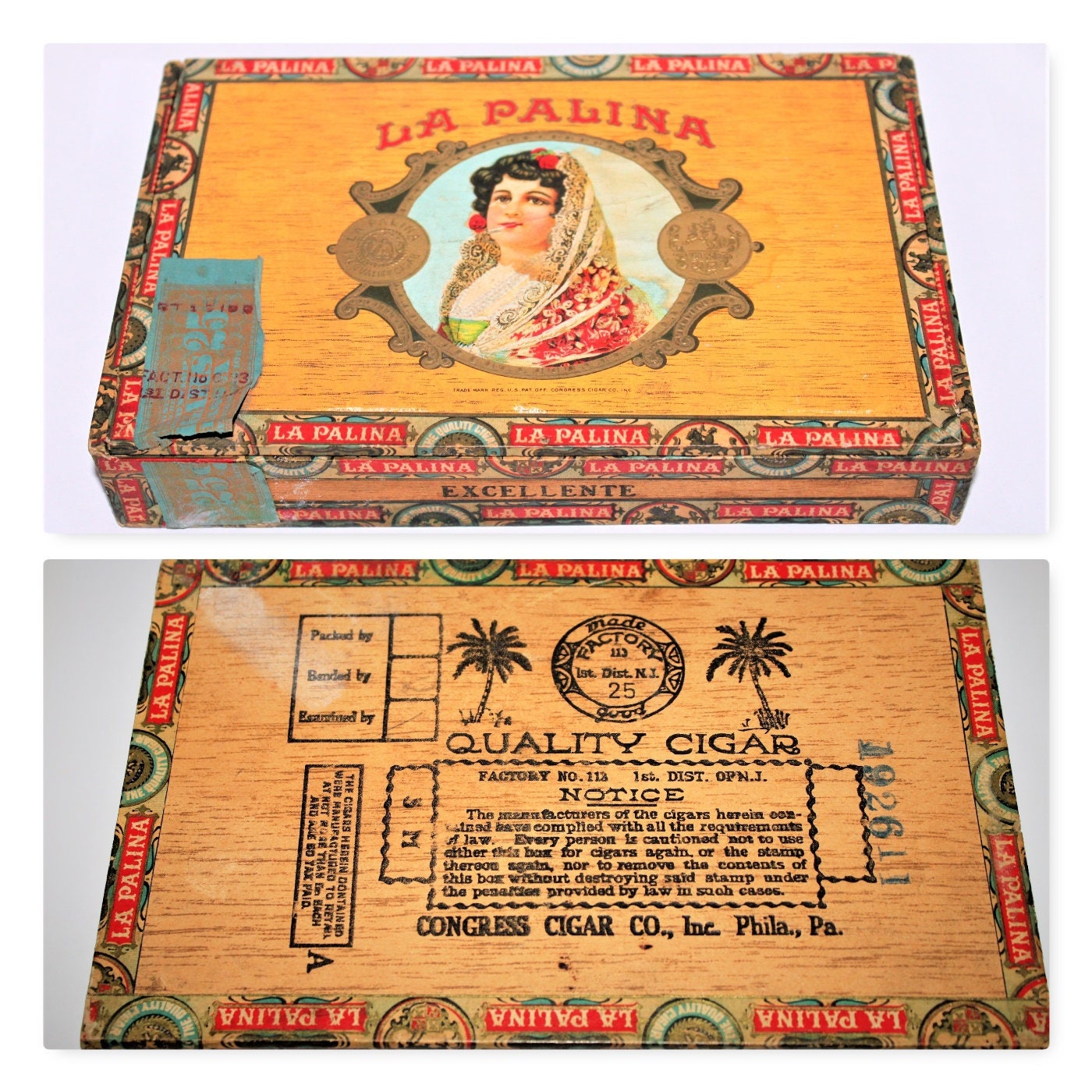 Vintage 1940 LA PALINA Excellente Cigar Box, Wood Cigar Box