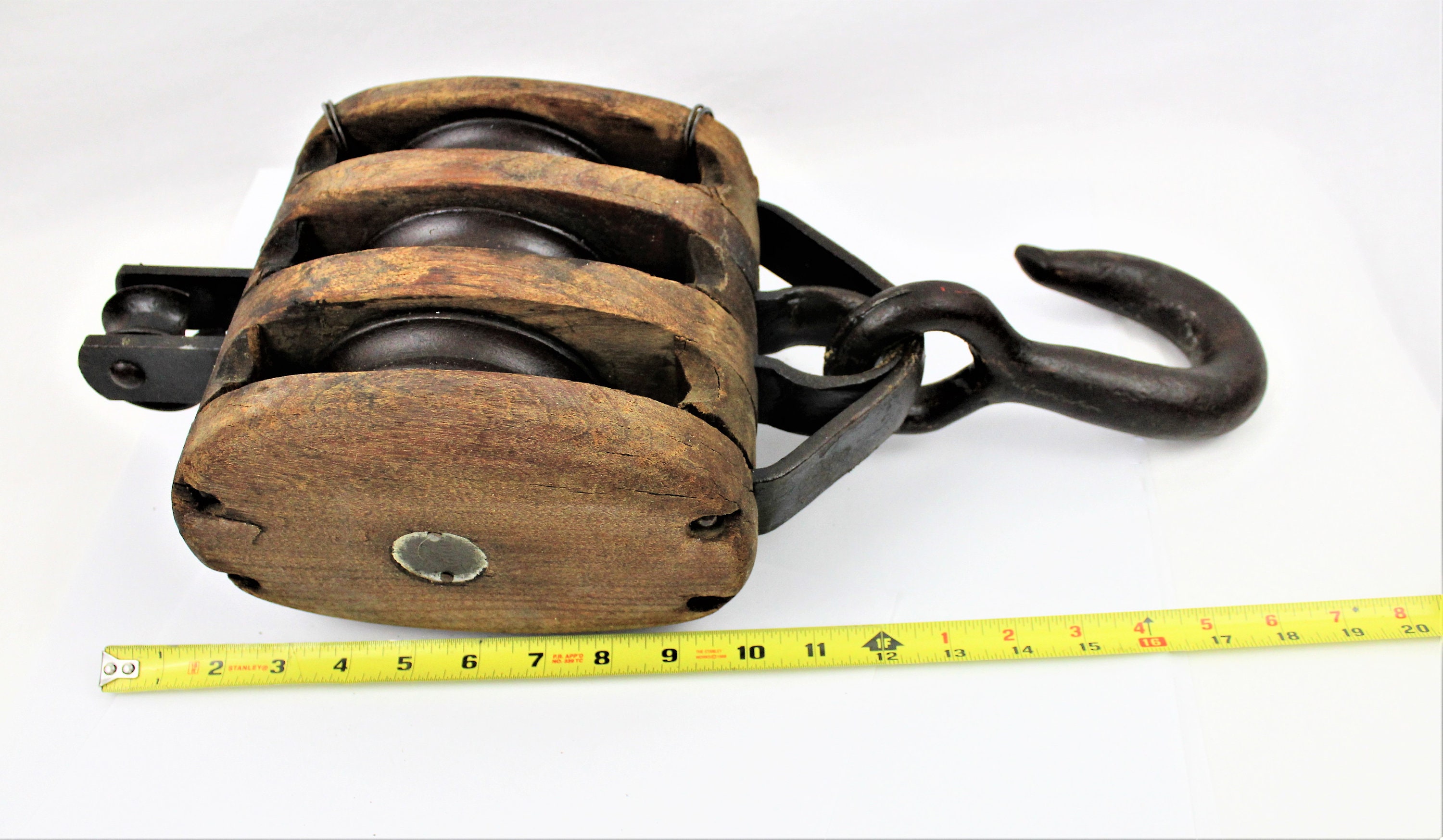 Antique Barn Pulley / Large Triple Rope Wood Pulley / Farm Ware