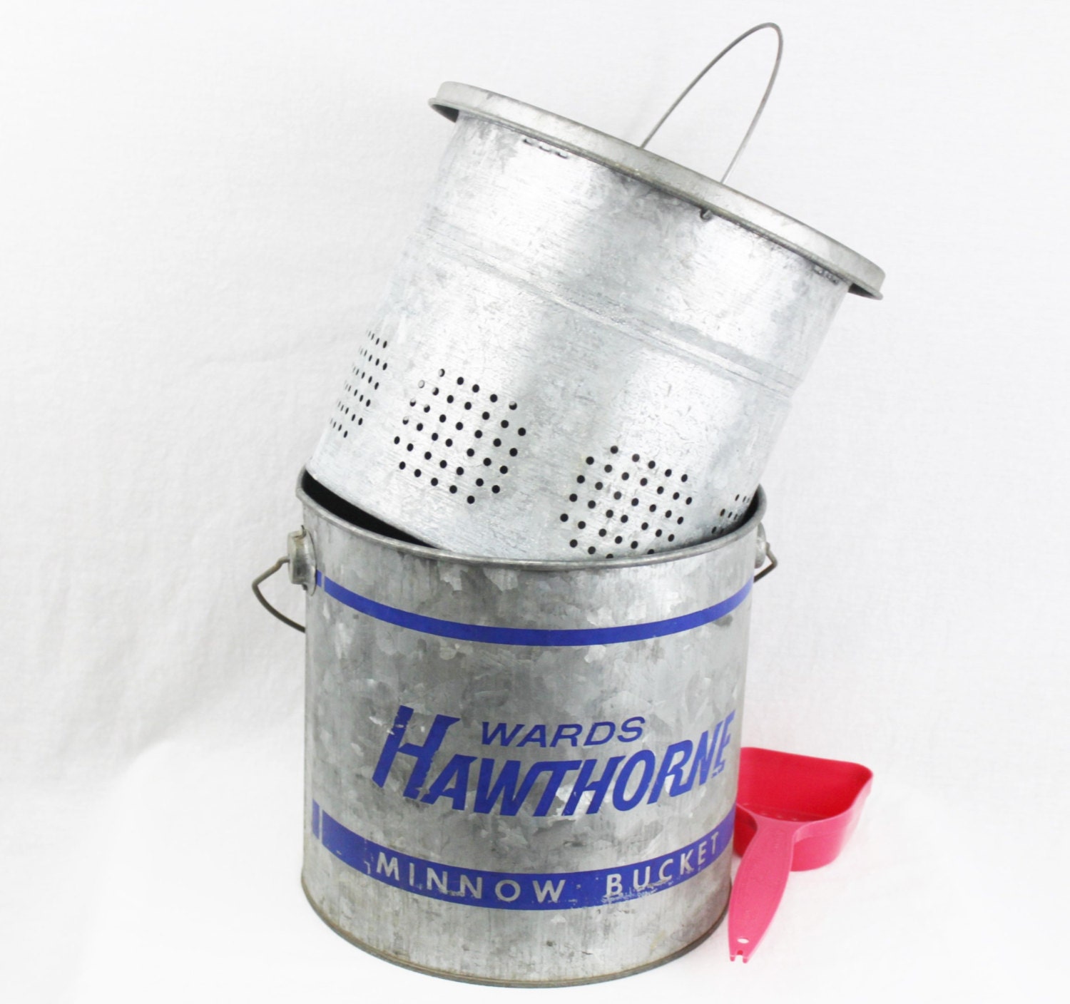 Vintage 1950s Hawthorne Galvanized Steel Minnow Bucket, Fishing Bucket