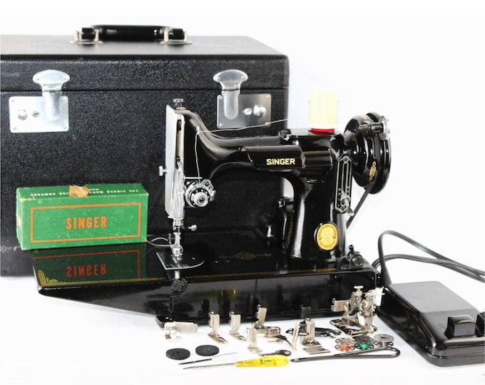 1952 Singer 221 Featherweight Sewing Machine with Carrying Case, Cleaned & Serviced.