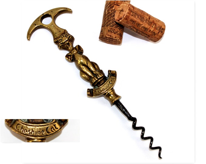 Antique Brass Figural Corkscrew, Cheshire Cat Corkscrew, Wine Bottle Opener