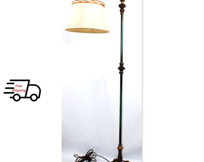1920s Cast Iron Art Nouveau Bridge Arm Floor Lamp, Vintage Antique Standing Light Fixture