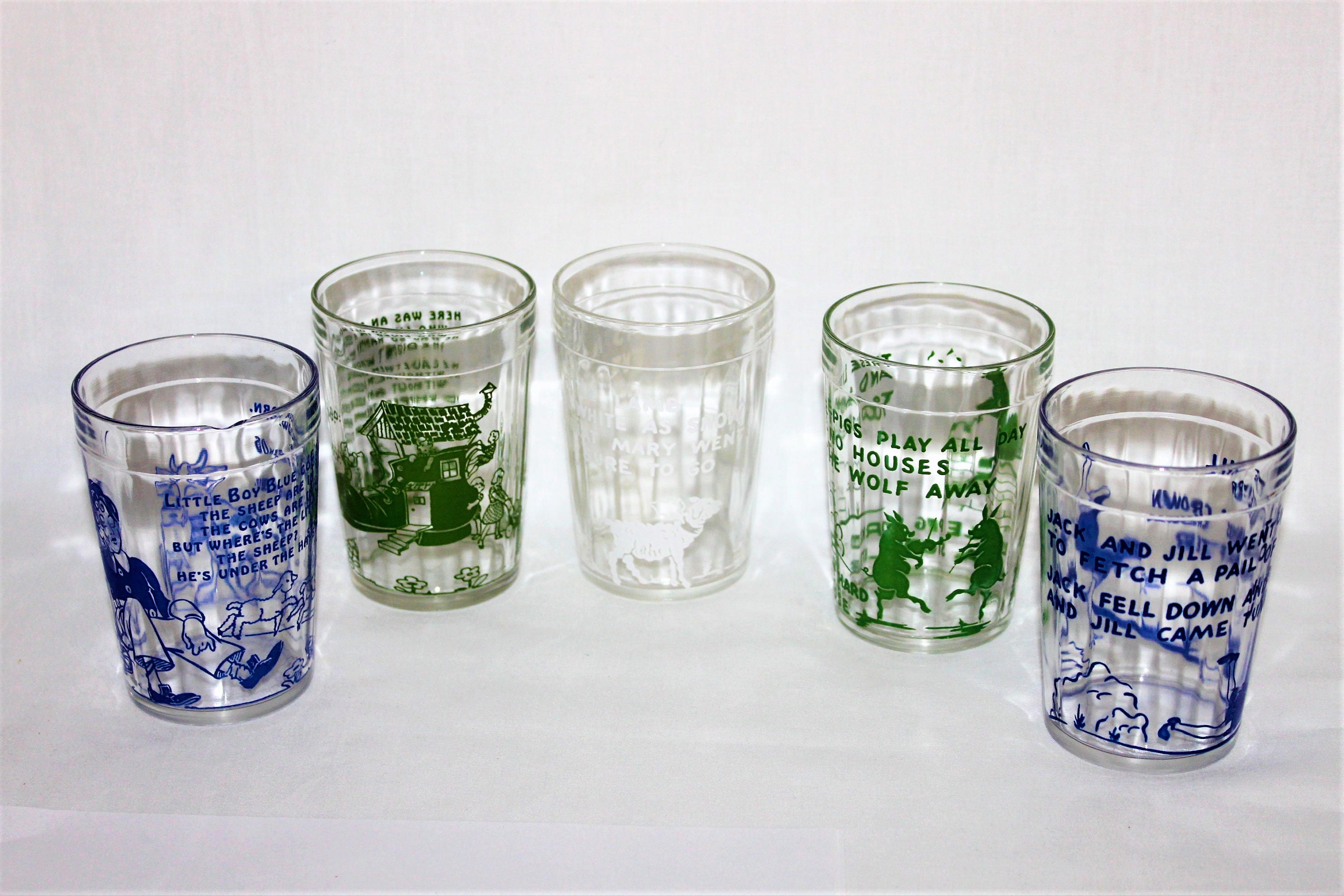 Vintage set of Five 1940s Hazel Atlas Nursery Rhyme Drinking Glasses /  Juice Glasses