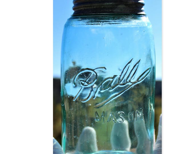 Antique 1900-1910 Triple L Logo Ball Fruit Jar with Zinc Lid, Blue Quart Size Jar