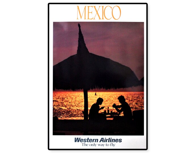 Vintage 1970s Western Airlines Travel Poster Featuring Sunset in Mexico, Unframed