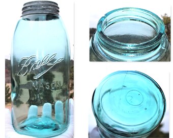 Antique 1900-1910, Triple L Logo Ball Fruit Jar with Zinc Lid, Blue Half Gallon Home Canning Jar