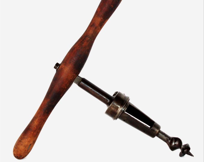 Antique 1882 Wooden Bung Hole Drill for Whiskey Barrels - Antique Winery Tool & Rustic Decor