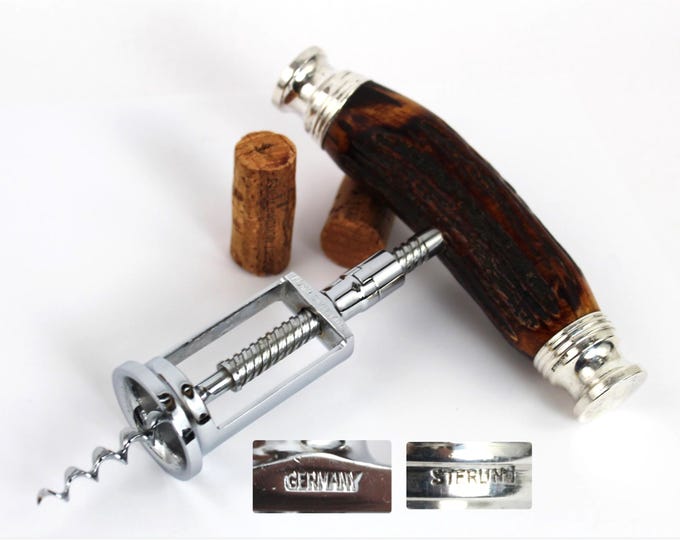 Sterling Silver Stag Horn Handle Corkscrew, Wine Bottle Opener