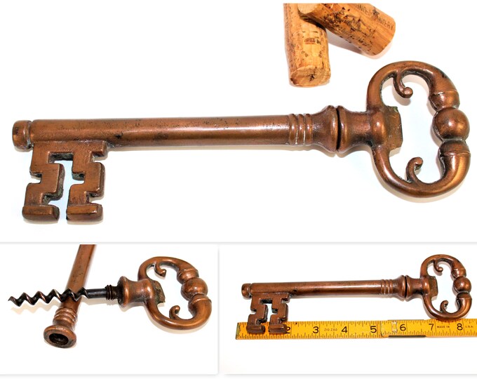 Large Bronze Skeleton Key with Hidden Corkscrew, Wine Bottle Opener