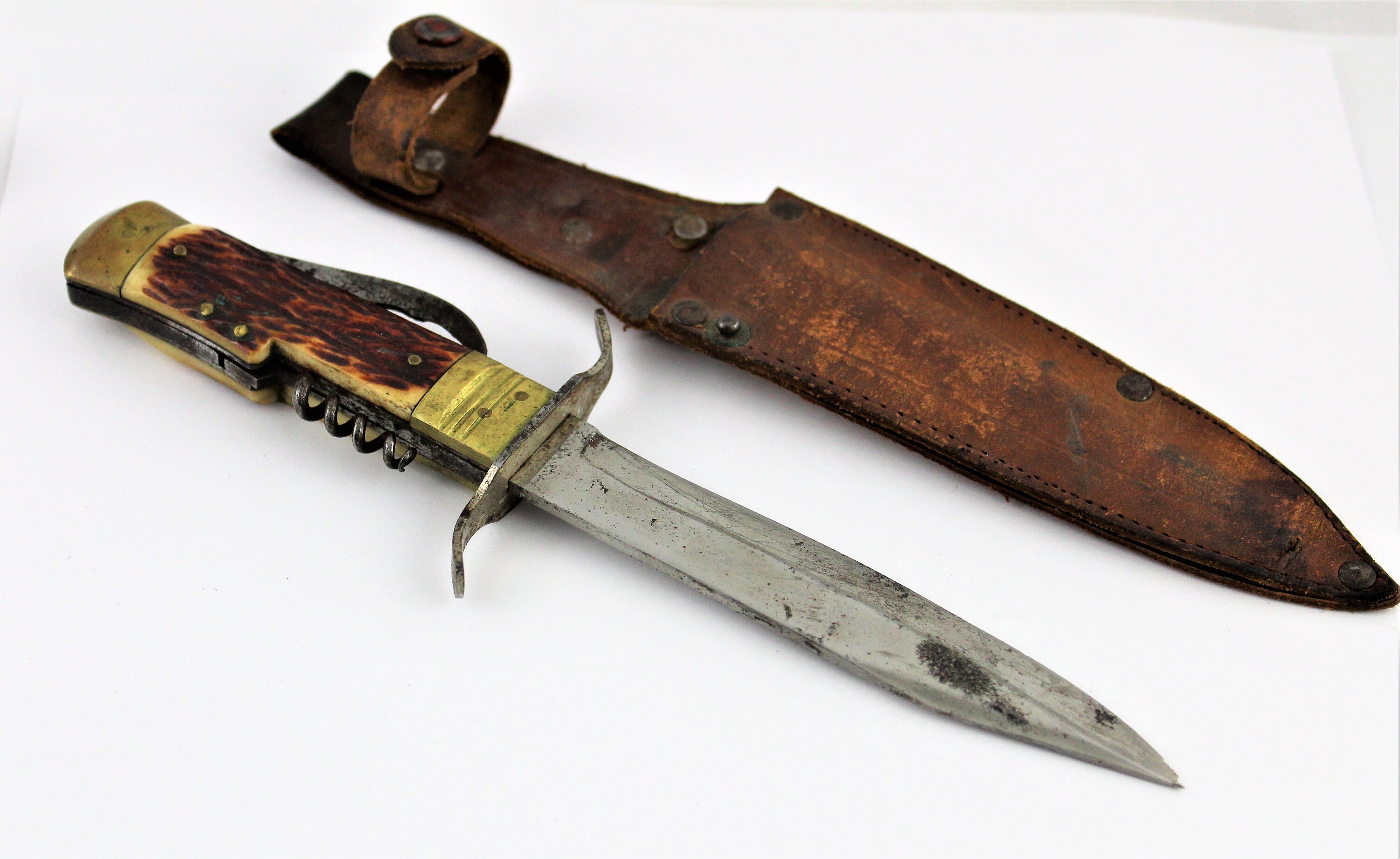 Vintage Fixed Blade Knife with Corkscrew and Bottle opener in Leather