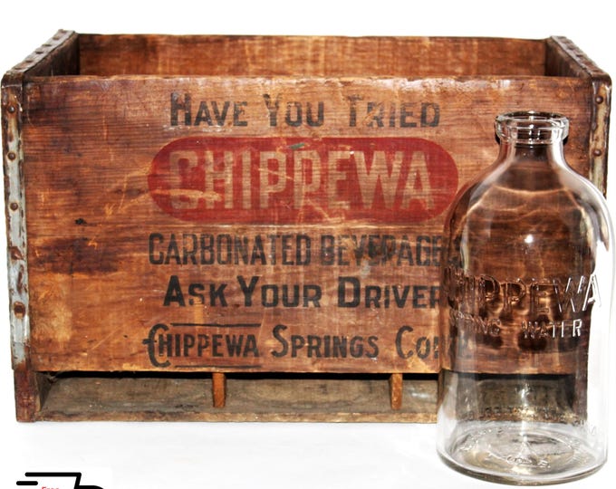 Vintage 1930s Chippewa Springs Water Wooden Shipping Crate with Antique Glass Bottle