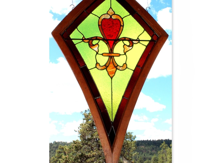 1880s Victorian Stained Glass Window with Fleur-de-Lis Design - Large Antique Leaded Art Panel