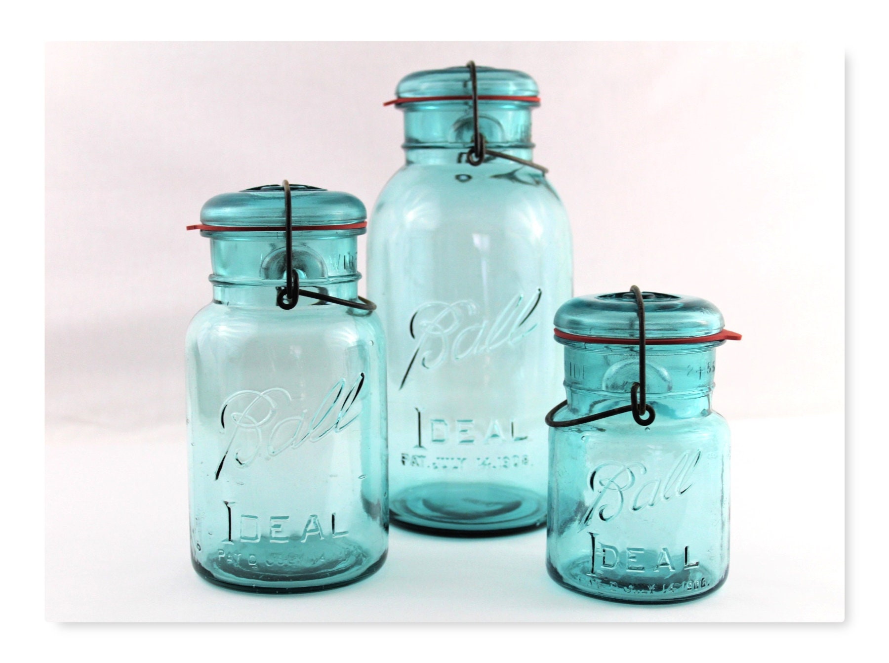 Vintage Set of 1920s Blue Ball Mason Canning Jars with Glass lids
