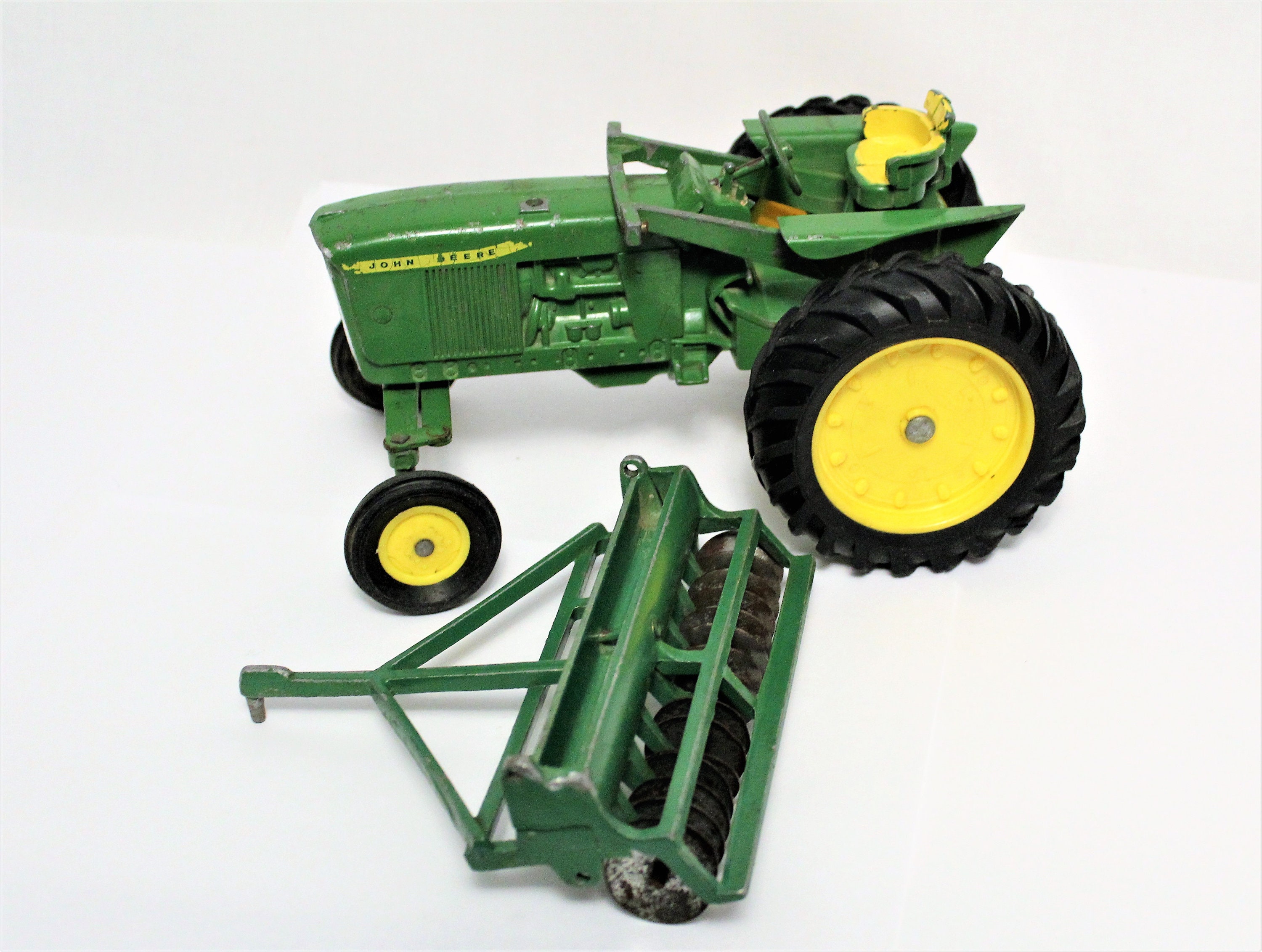 Vintage Toy Tractor, John Deere Tractor, and Plow, Tractor Decor, Little Green Tractor