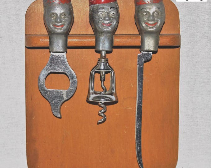 Mid Century Bellboy Barware Set with Cutting Board, Wine Bottle Opener