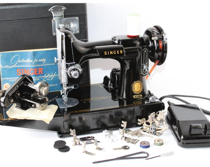 1956 Singer 221 Featherweight Sewing Machine with Pinking Attachment & Sewing Attachments
