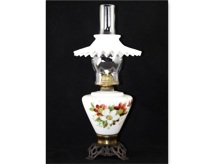 Antique Parlor Oil Lamp, Hand Painted Milk Glass