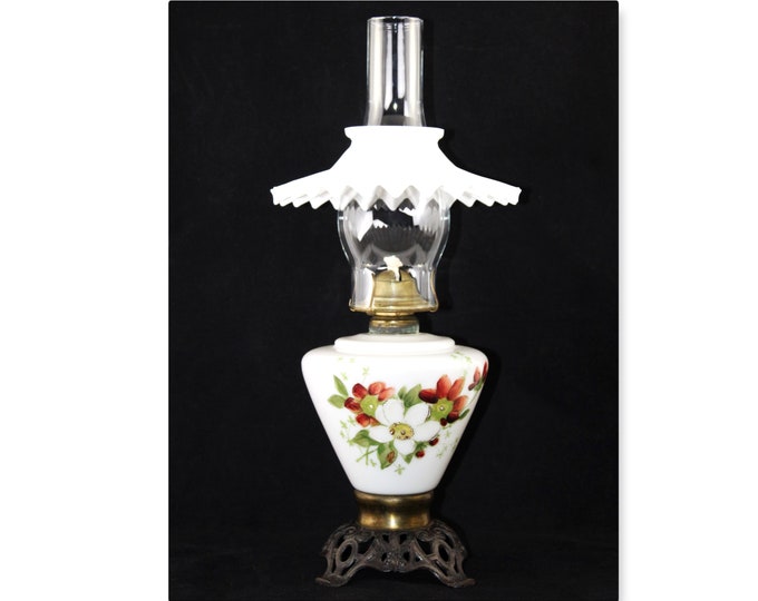 Antique Parlor Oil Lamp, Hand Painted Milk Glass