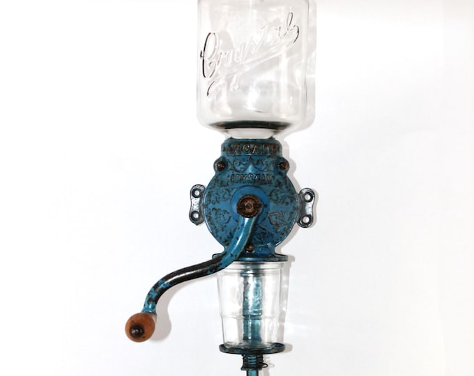 Antique 1900s Wall-Mounted Arcade Crystal Coffee Bean Grinder - Antique Kitchen Decor & Collectible