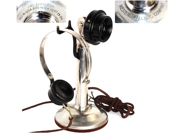 Antieke westerse elektrische kandelaartelefoon uit 1910 - Antieke bureautelefoon met headset - Decor begin 20e eeuw