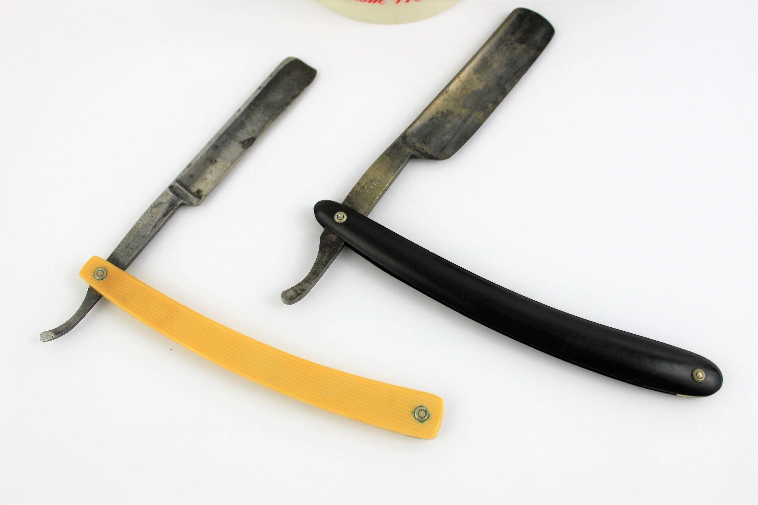 Vintage Set of Shaving Tools, Straight Razors, Shaving Mug and Brushes