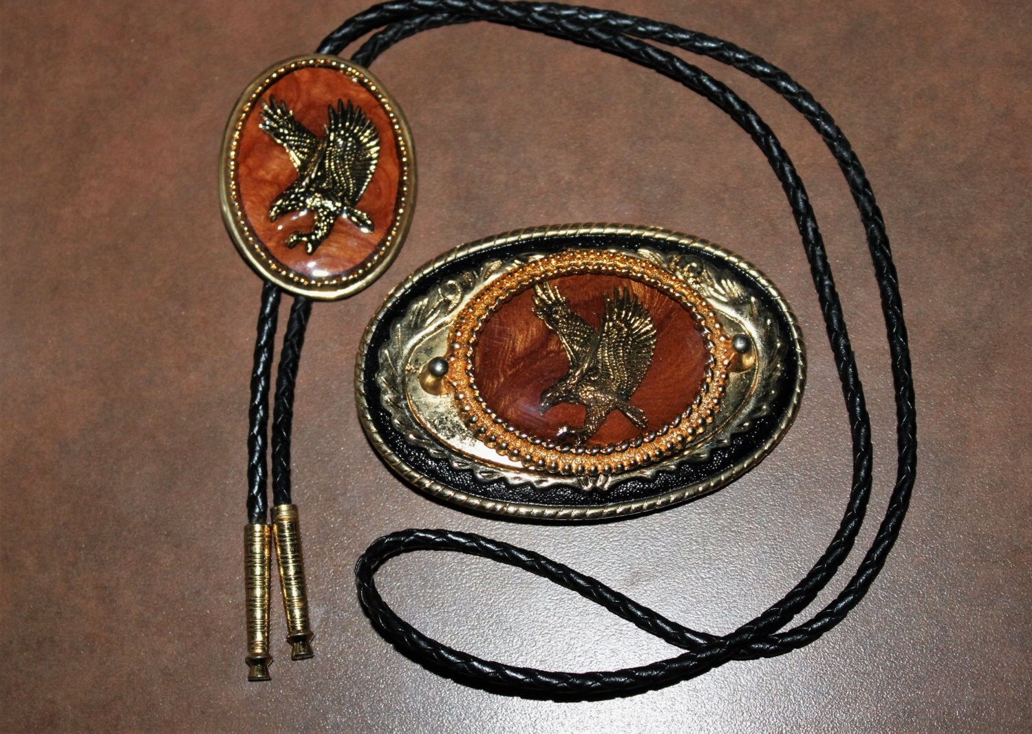 Vintage Western Bolo Tie and Matching belt Buckle, Flying Eagle